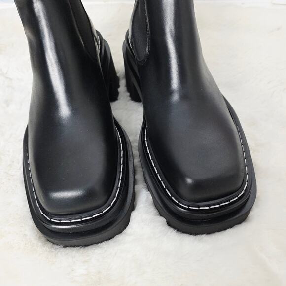 NEW Sandro Chelsea Ankle Boots EU 37 Black Leather Chunky Lug Sole Square Toe - Picture 13 of 16